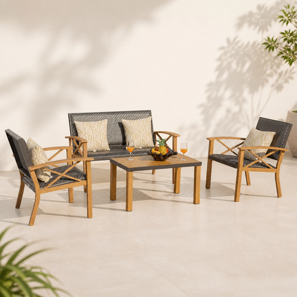 Aluminum Patio Furniture Set, 4-Piece Modern Conversation Set With Cotton Padding Backrests And Seats, Outdoor Sectional Metal Sofa Set With 5.5 Inch Cushion And Coffee Table For Balcony, Garden