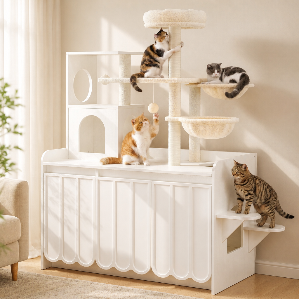 50.6  Cat Tree With Litter Box Enclosure, 5Cat Tower With Sisal Scratching Post And Storage Space, Hidden Litter Enclosure Furniture, All-in-One Modern Cat Condo With House, Hammock And Perch, White