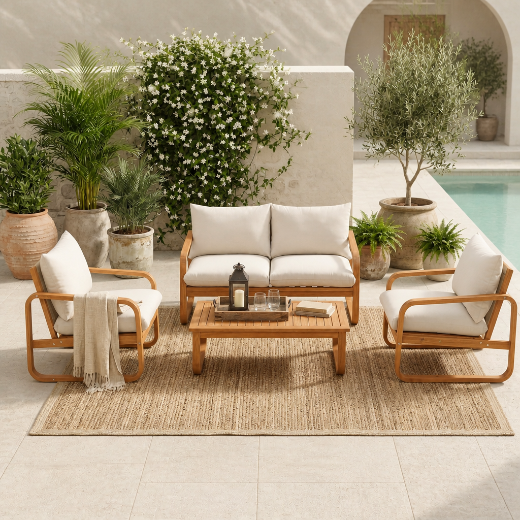 4-Piece Acacia Wood Outdoor Patio Furniture Set with Thick Cushions, Modern Outdoor Seating Set with Loveseat, 2 Single Chairs and Coffee Table, Weather-Resistant Conversation Set for Backyard, Pool