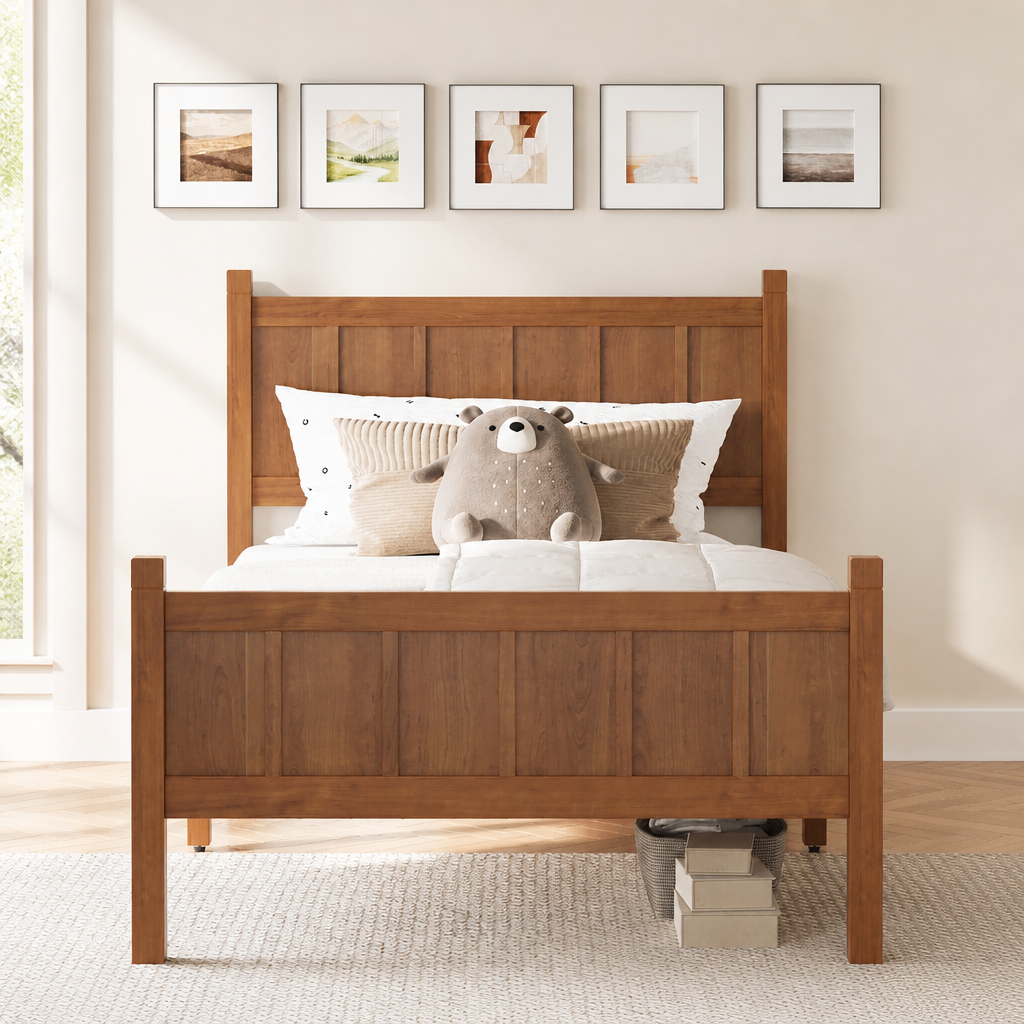 Twin Size Flat Panel Bed With Headboard & Footboard, Minimalist Modern Platform Bed With Wood Grain Finish, Shaker And Farmhouse Style Design, Sleek And Functional Bedroom Furniture,Light Walnut