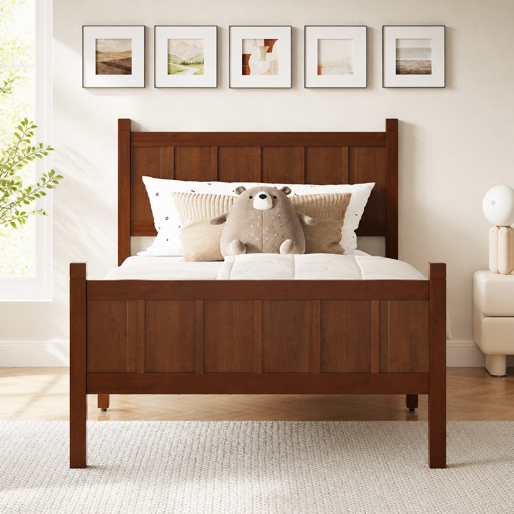 Twin Size Flat Panel Bed With Headboard & Footboard, Minimalist Modern Platform Bed With Wood Grain Finish, Shaker And Farmhouse Style Design, Sleek And Functional Bedroom Furniture,Dark Walnut