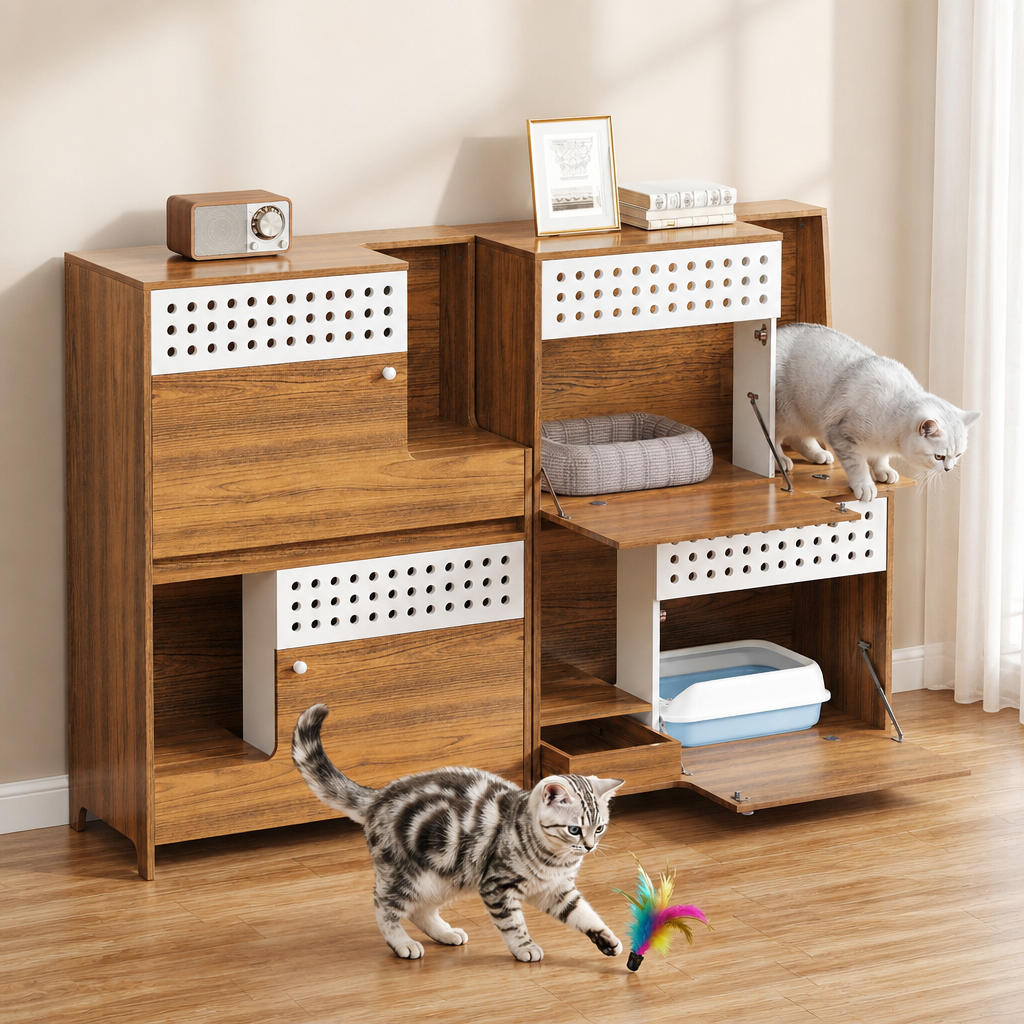 2-Piece Of Modern 2 IN 1 Cat Furniture Set, Cat Litter Box Enclosure Side Table, Cat House With Storage, For 2 Small-Medium Sized Cats - BROWN