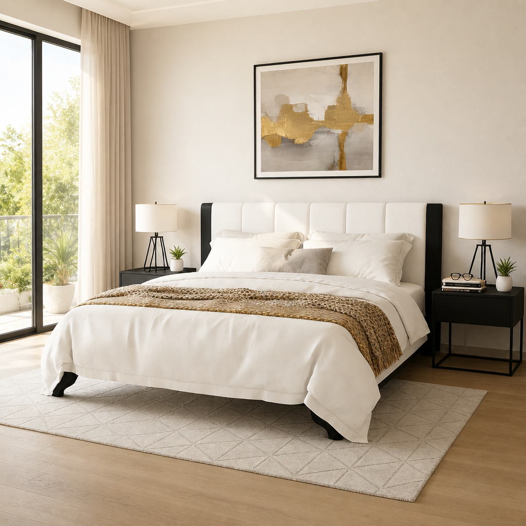 King Size Bed Frame Black White Pine Manufactured Wood 82.7x 85.2 6-8 Mattress 600 Lbs No Box Spring Modern Bedroom Furniture
