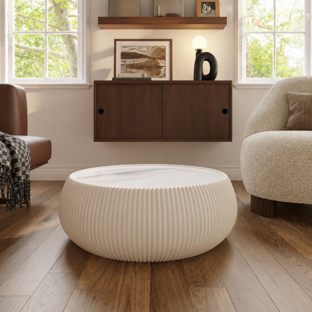 Light Sintered Stone Top Drum Shape Leather Coffee Modern Sofa Table For Living Room Furniture  Each Tabletop Has A Unique Grey Pattern