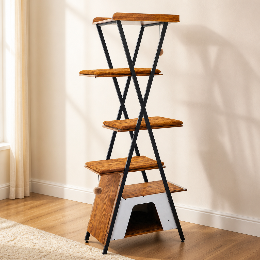 73in Modern Cat Tower For Indoor Cats - Multi-Level Cat Tree With Scratching Posts, Caves, Large Perch & Removable Pads - Wooden Cat Furniture