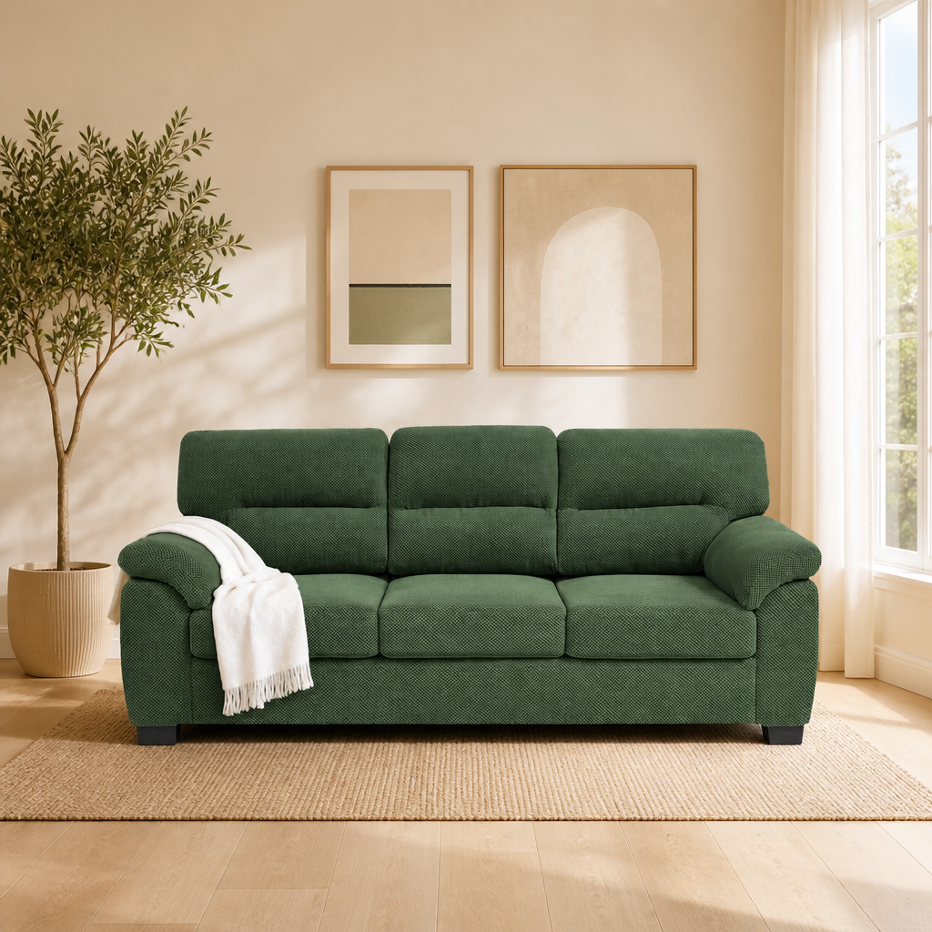 3-Seater Sofa, Green Upholstered Couch, Modern Living Room Furniture, Textured Fabric Sofa, Minimalist Settee, Comfortable Armchair, Sturdy Frame Sofa