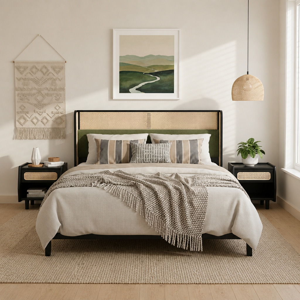 Queen Size Bed Frame With Green Headboard, Black With Green Solid Wood  Bed, No Box Spring Required, Modern Bedroom Furniture