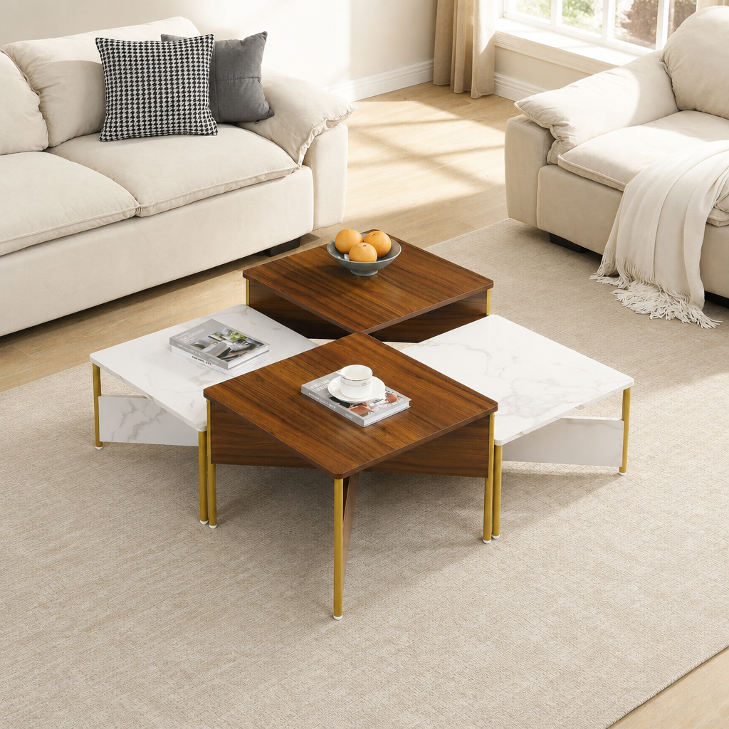 Modern Nesting Coffee Tables Set Of 4 -Mid Century Modern Square Living Room Table, Free Adjustable Shape,Versatile And Stylish Accent Furniture For Your Living Room White & Walnut Color