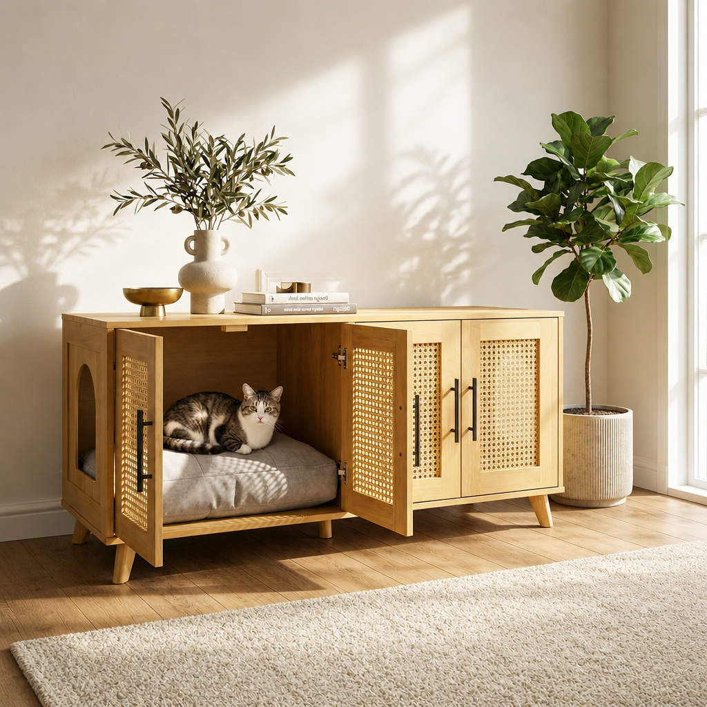 Myra Indoor Premium Rubber Wood Cat Cabinet With Plush Cushion -Stylish Hidden Pet Furniture For Modern Living Spaces