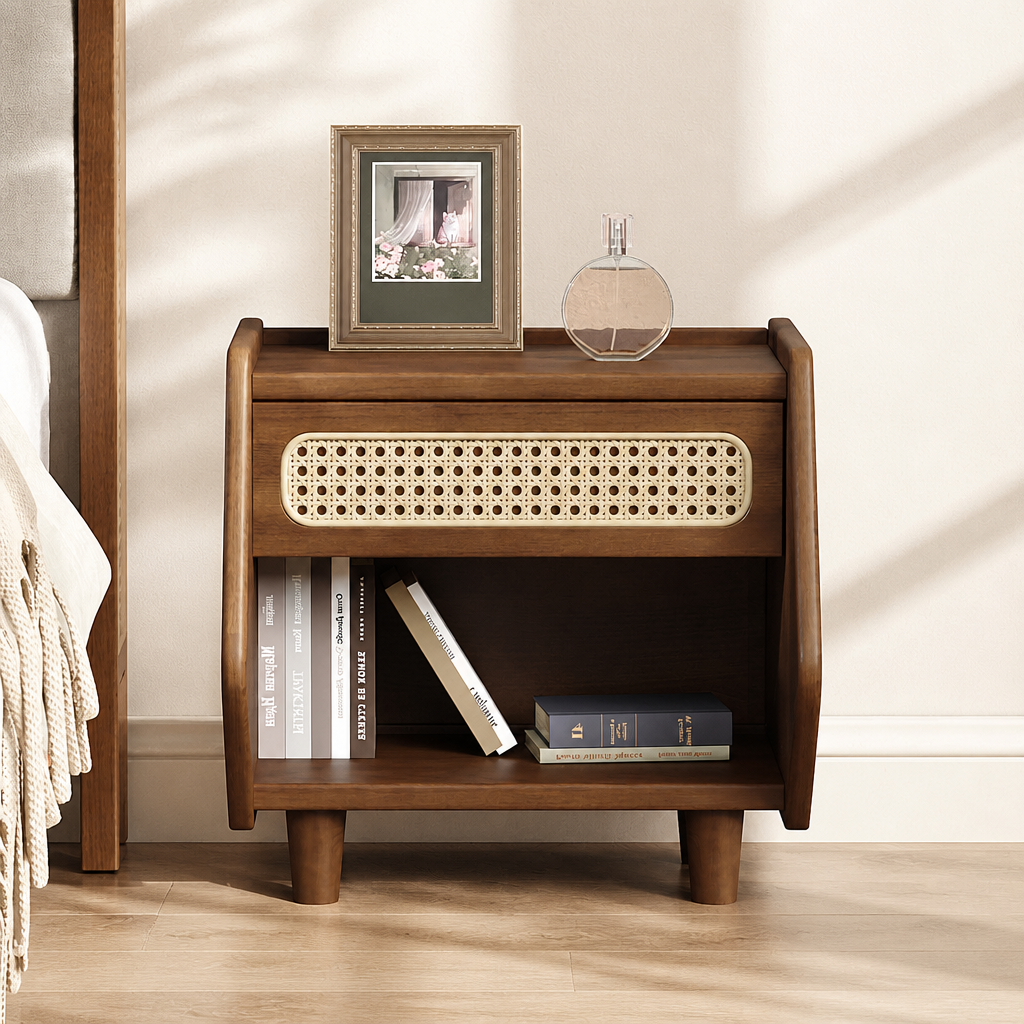Walnut Nightstand With Rattan Detail, MDF   Solid Wood, Modern Bedroom Storage, Open Shelf & Drawer, Indoor Furniture