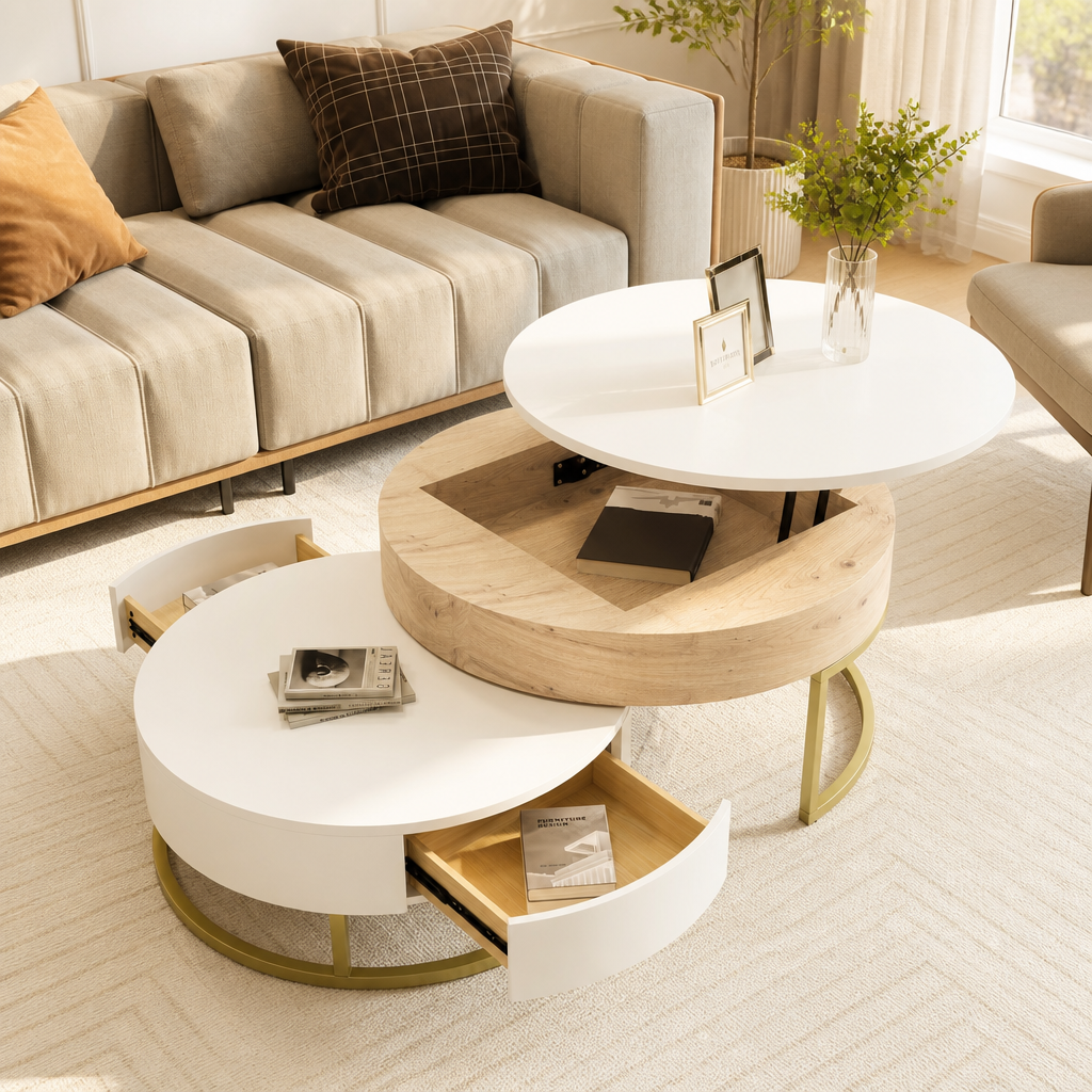 Modern Round Lift-top Nesting Coffee Tables With 2 Drawers White & Natural