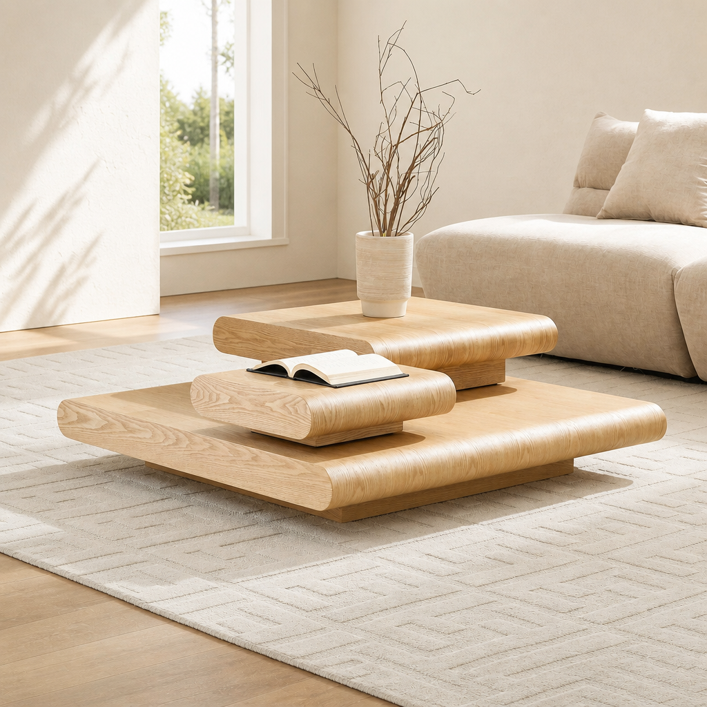 3-Piece Modular Stacking Coffee Table  Natural Wood Look, Mordern MDF Table Front Of The Sofa, 39.37 Inch Square Center Coffee Table For Living Room,No Assembly,Natural Color