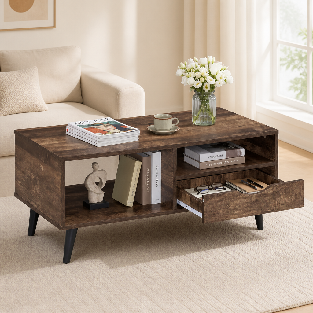36.5" Rustic Coffee Table With Drawer & Open Shelves, Engineered Wood Center Table For Living Room Walnut