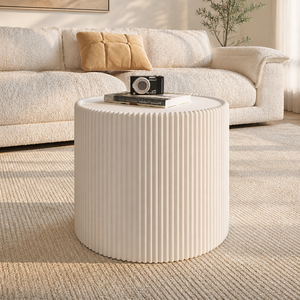 Light Sintered Stone Top Cylinder Shape Leather Coffee Modern Sofa Table For Living Room Furniture  Each Tabletop Has A Unique Gold Pattern