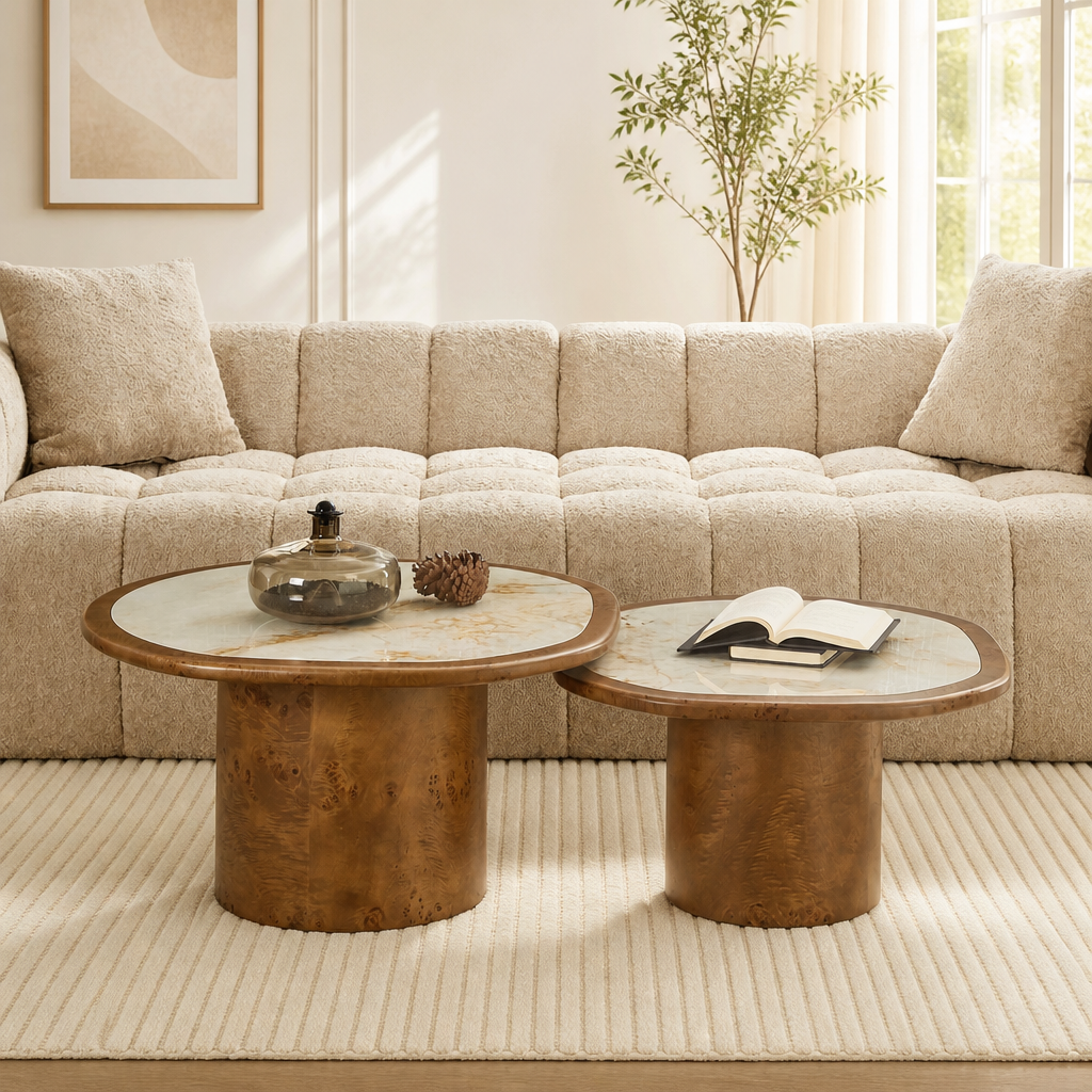 Irregular Coffee Table set, 2pcs burl Wood Veneer Coffee Table,Sintered Stone Tabletop Table with Sturdy MDF Pedestal, Rounded Sofa Side Table for living Room,Office