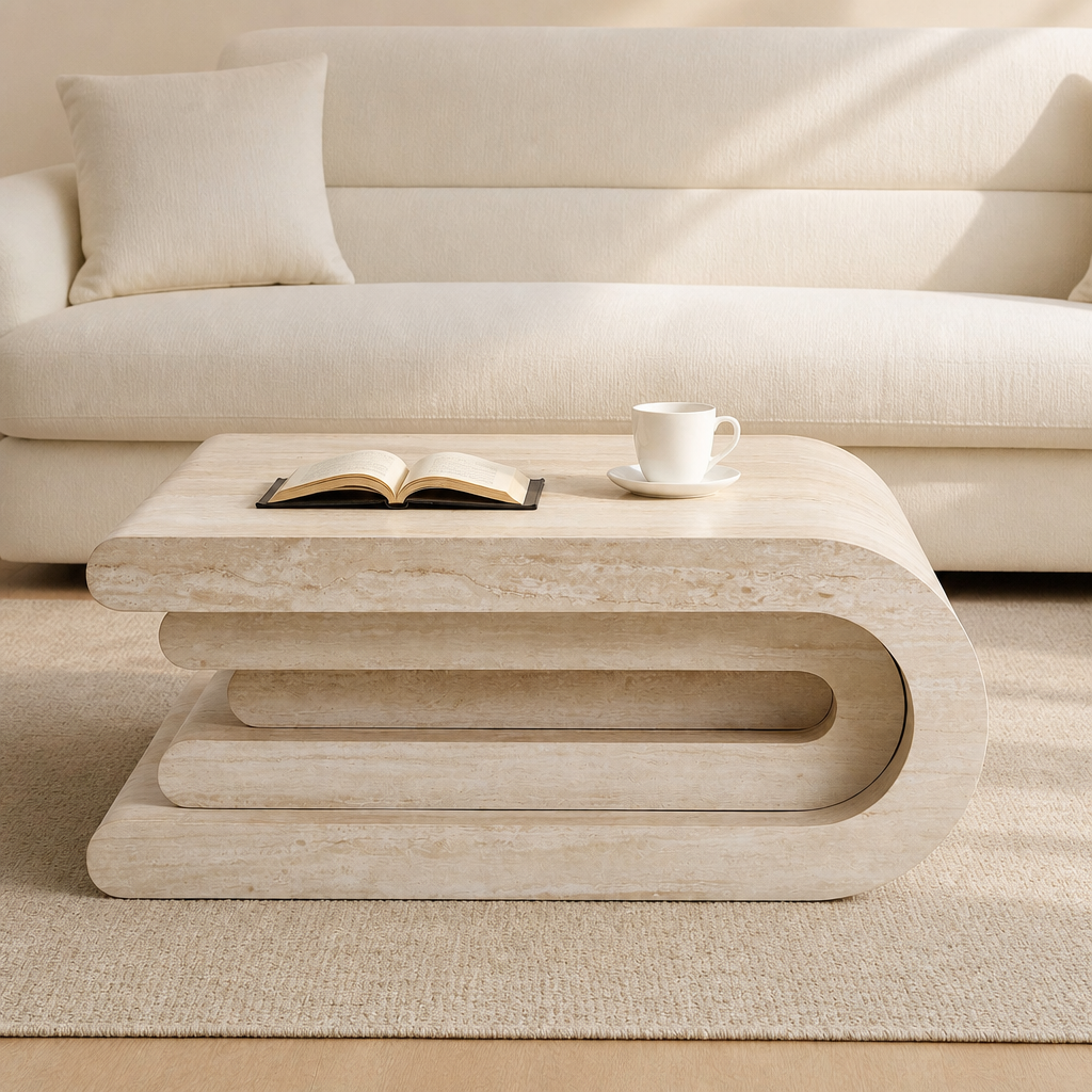 33.86 Inch Square Faux Travertine Pattern Coffee Table for Living Room,MDF Table,Modern Design Irregular Coffee Table with Layered Base for Office,Apartment,No need Assembly